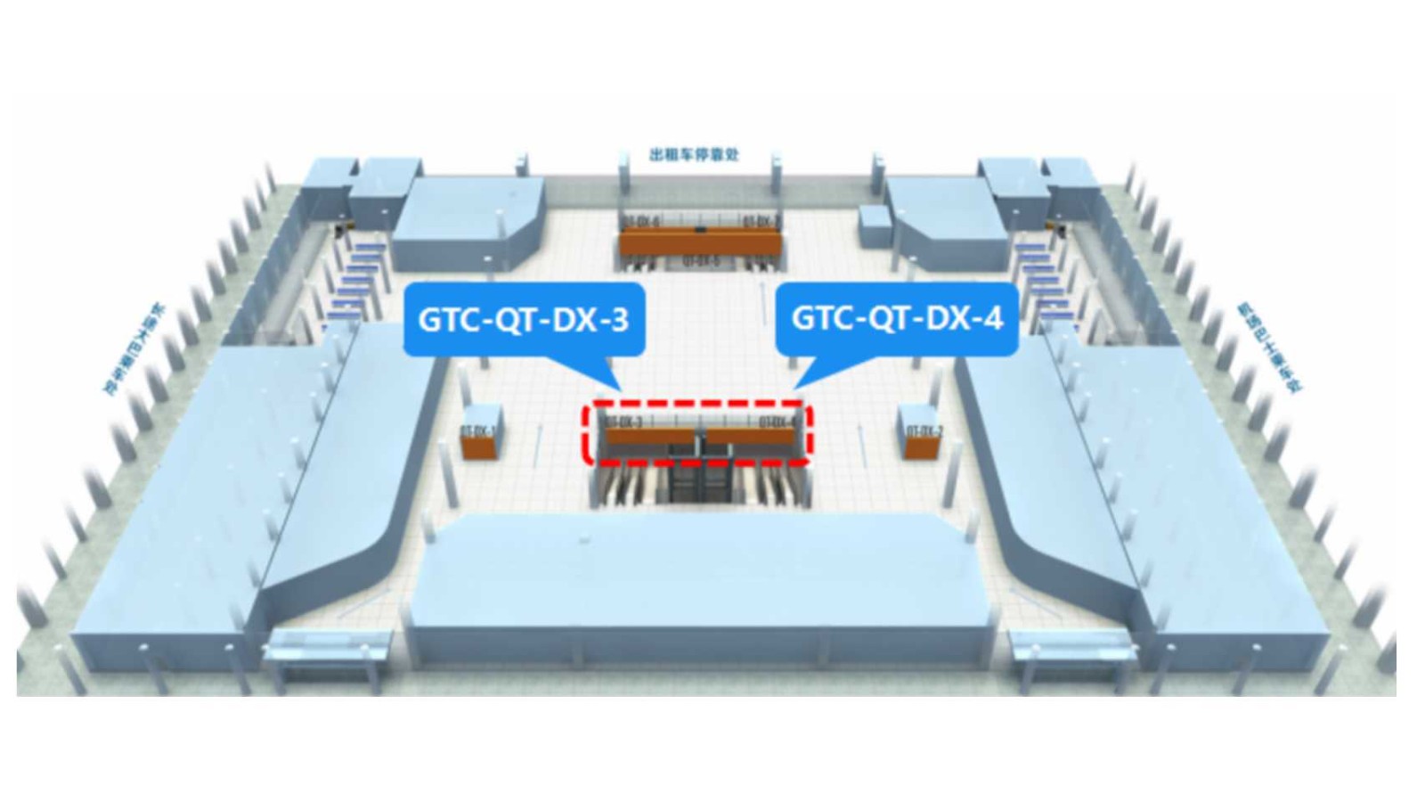 西安咸阳国际机场广告-GTC大厅负层梯楣灯箱位置图
