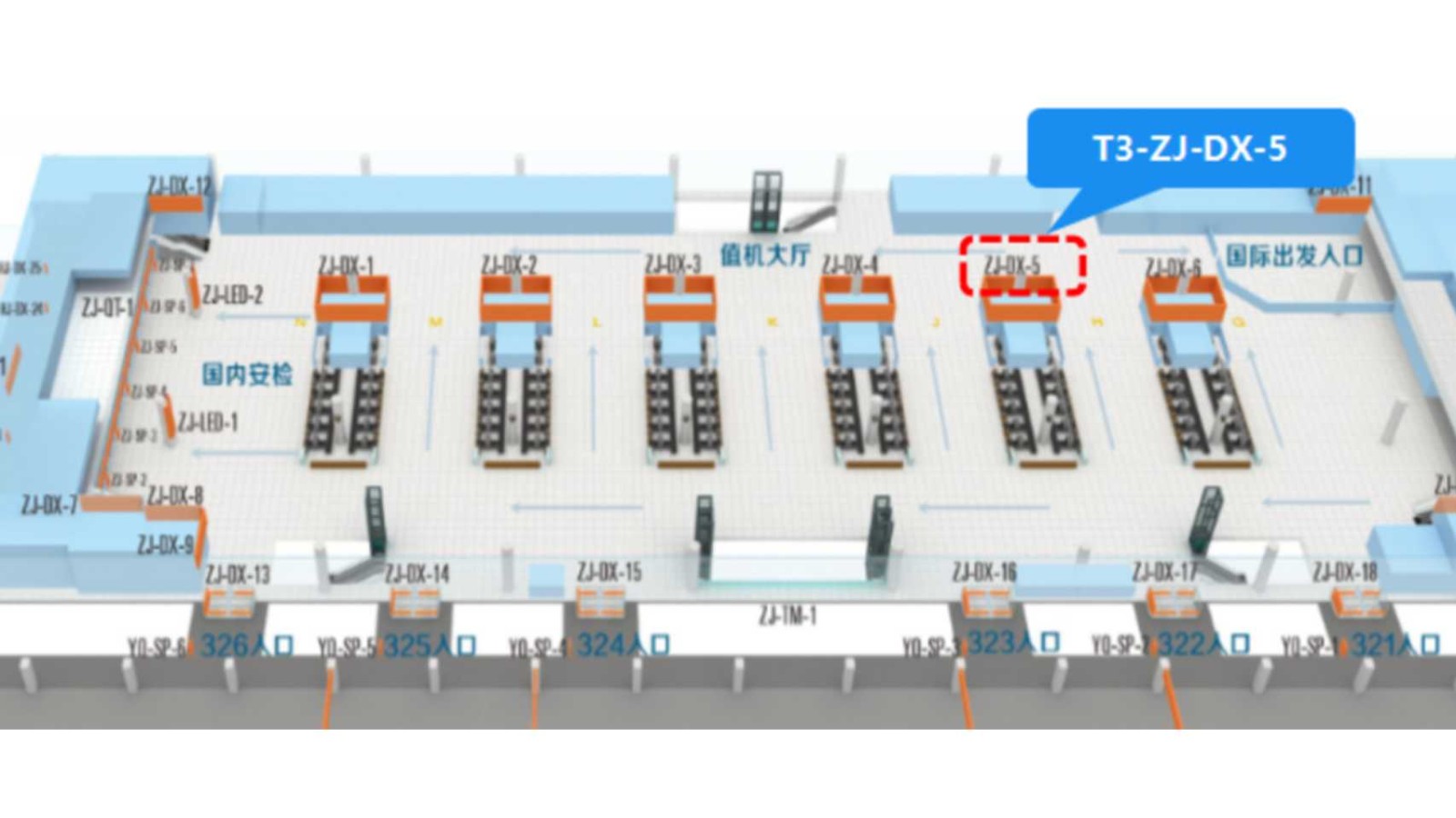 西安咸阳国际机场广告-T3国内出发值机厅灯箱5位置图