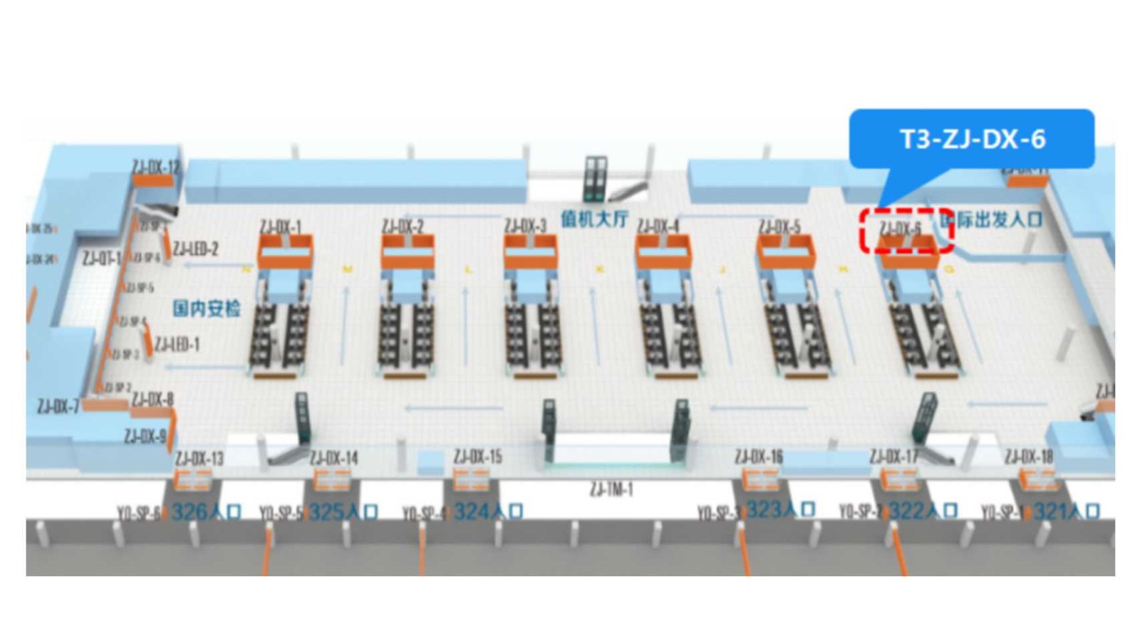 西安咸阳国际机场广告-T3国内出发值机厅灯箱6位置图