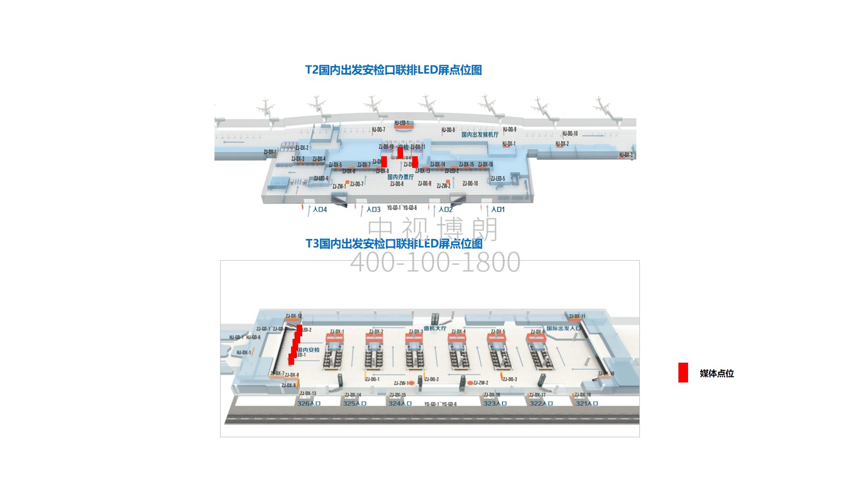 西安咸阳国际机场广告-T2/T3国内出发安检区LED屏套装位置图