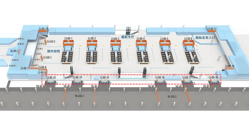 西安咸阳国际机场广告-T3出发值机门厅灯箱位置图