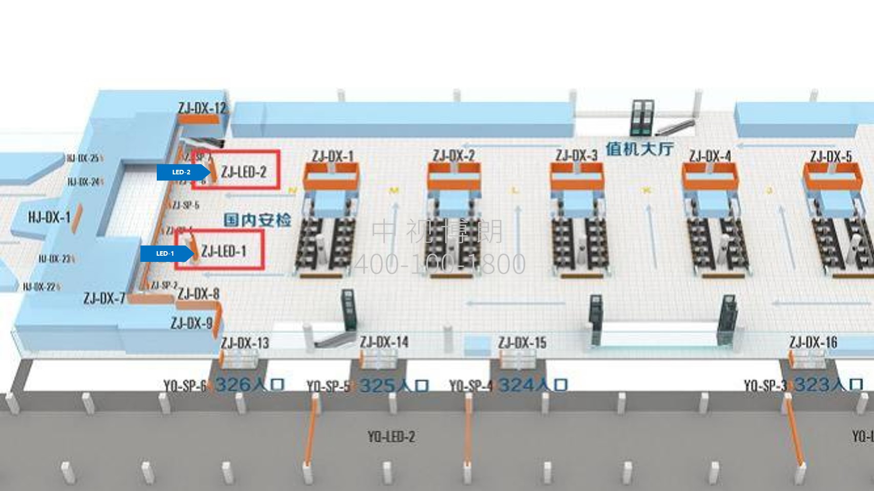 西安咸阳国际机场广告-T3国内出发安检LED屏位置图