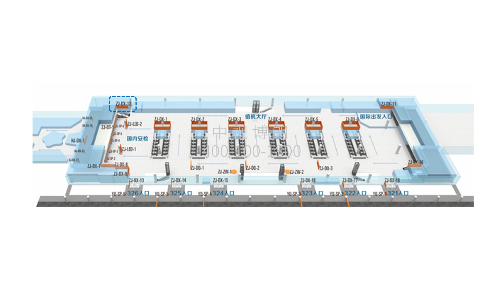 西安咸阳国际机场广告-T3国内出发值机厅灯箱DX-12位置图