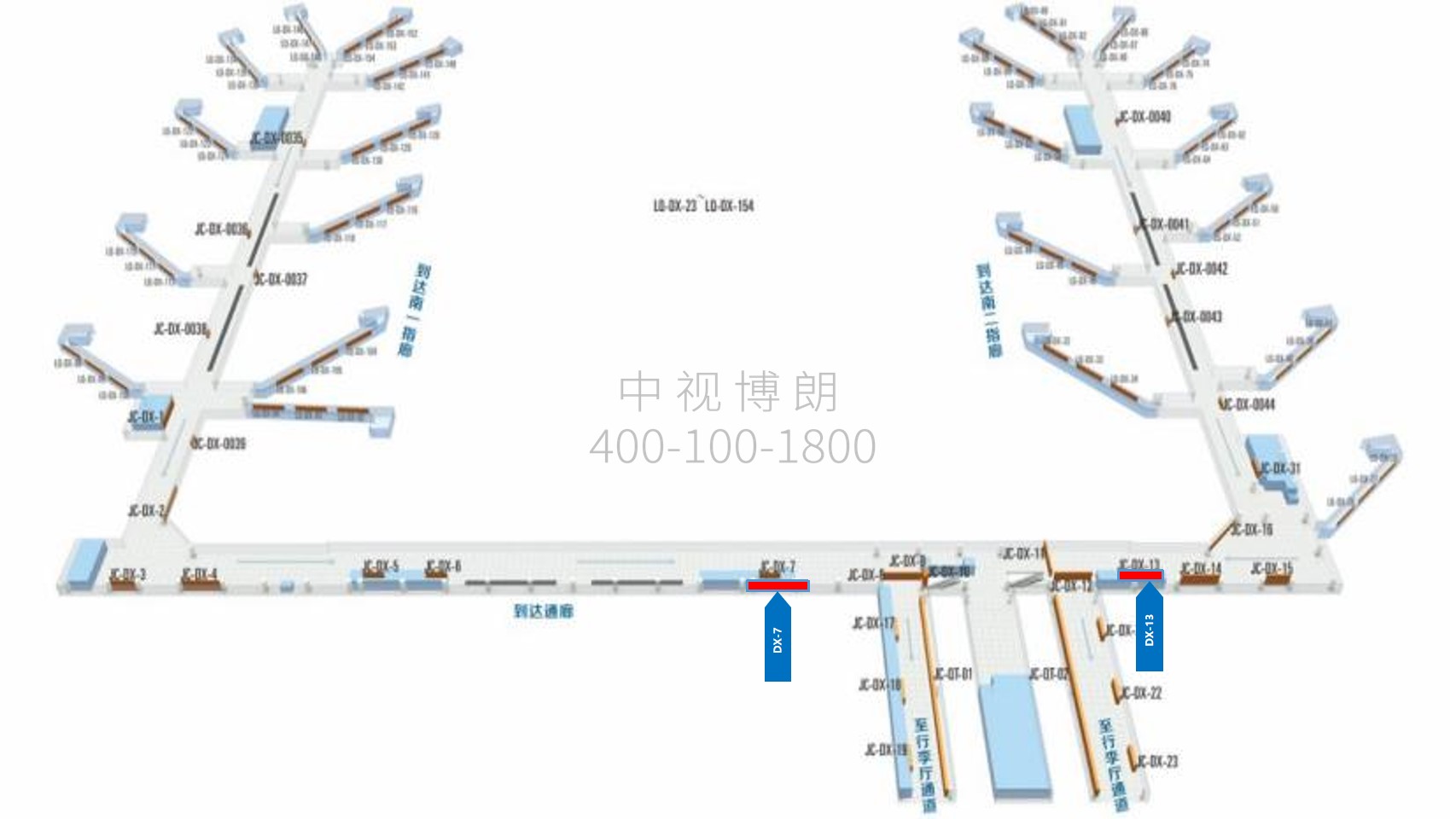 西安咸阳国际机场广告-T3国内到达通廊灯箱套装DX-7/13位置图