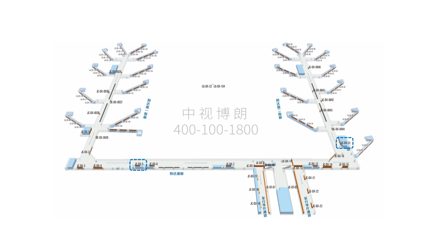 西安咸阳国际机场广告-T3国内到达通廊灯箱套装DX-5位置图