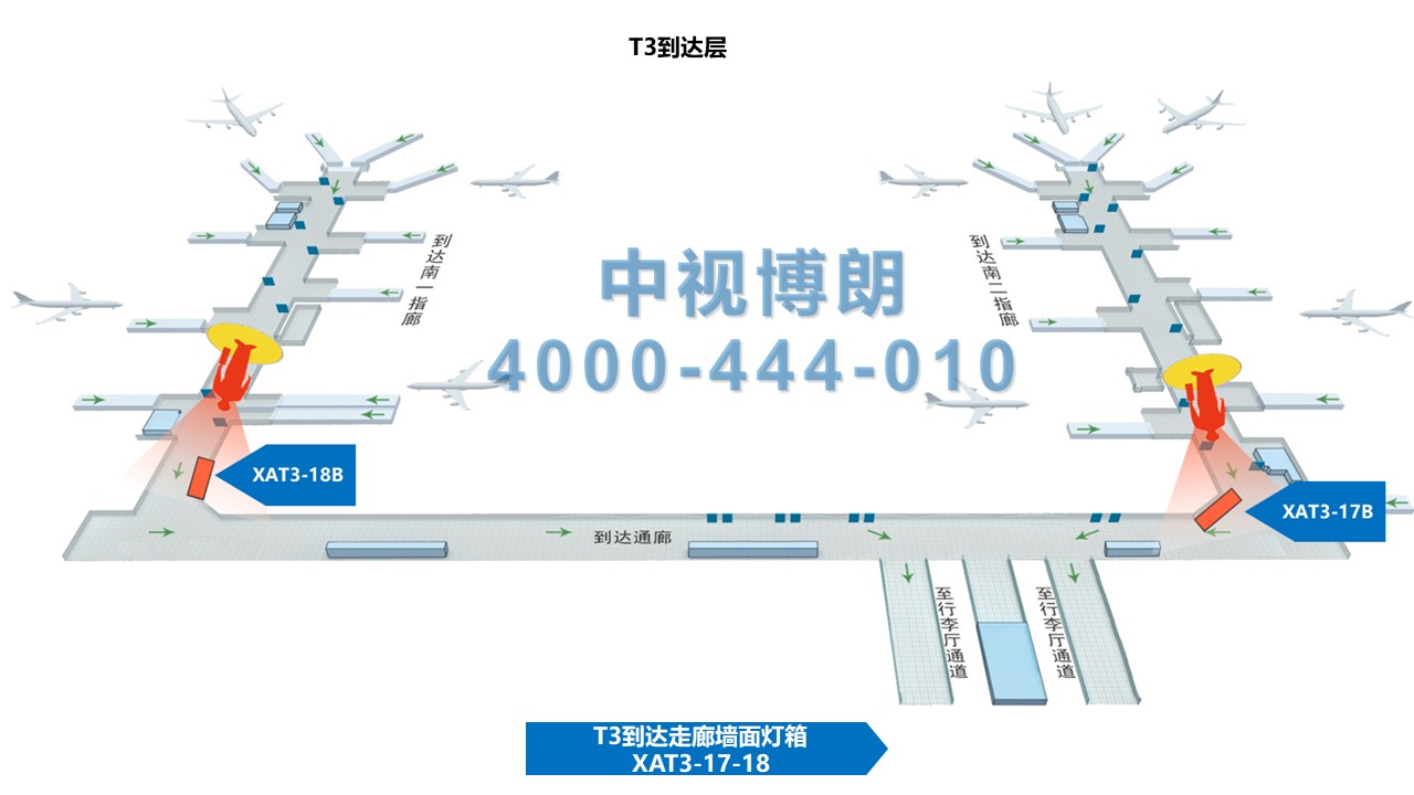 西安咸阳国际机场广告-T3到达走廊墙面灯箱XAT3-17-18位置图
