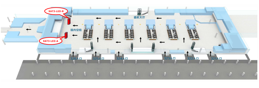 西安咸阳国际机场广告-T3国内出发安检包柱LED屏套装位置图