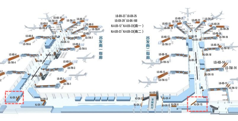 西安咸阳国际机场广告-T3国内出发候机区灯箱套装DX-9/15位置图