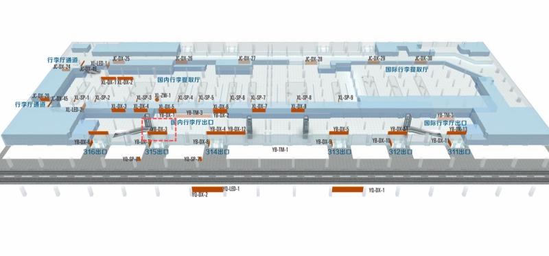 西安咸阳国际机场广告-T3国内到达迎宾厅灯箱3位置图
