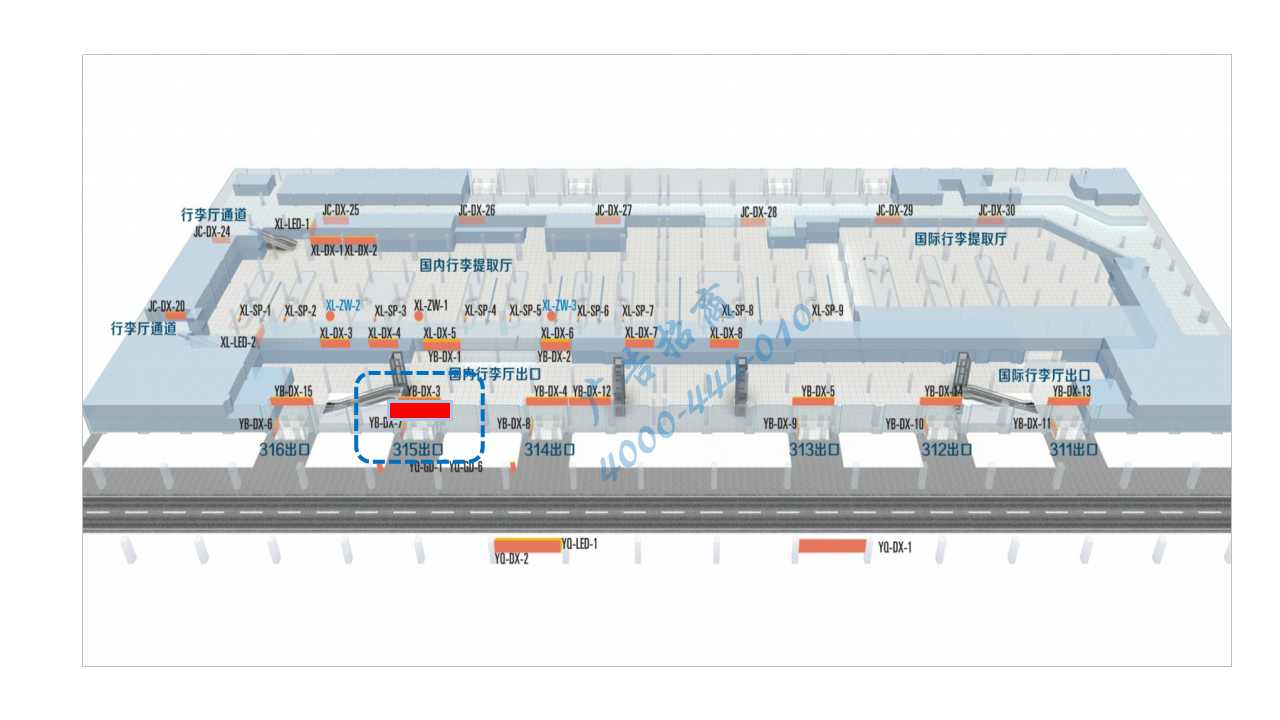 西安咸阳国际机场广告-T3国内到达迎宾厅灯箱3位置图