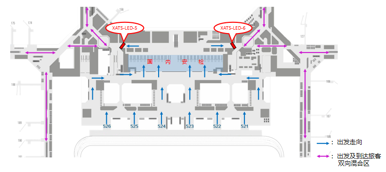 西安咸阳国际机场广告-T5国内出发安检后LED屏套装位置图