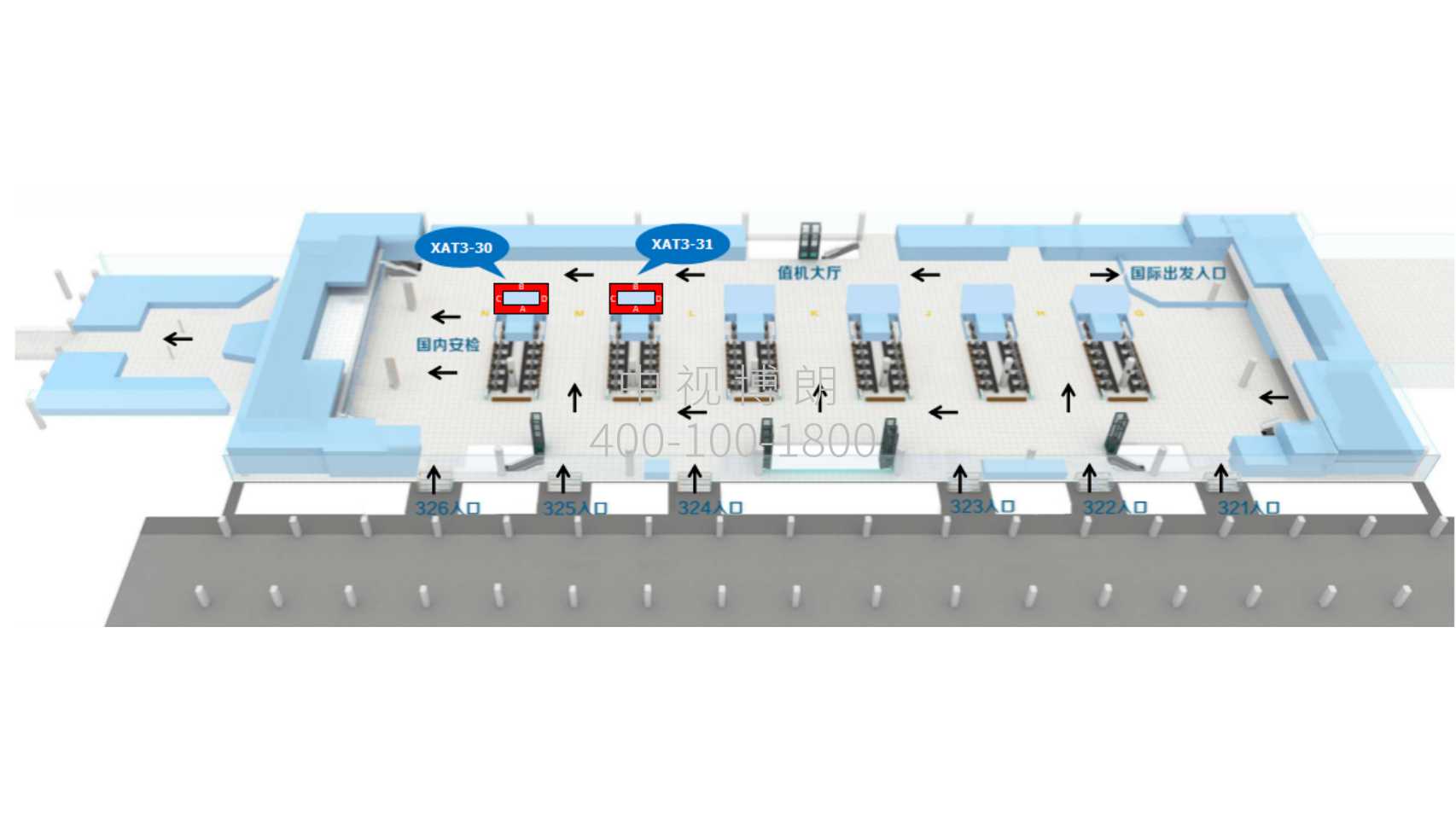 西安咸阳国际机场广告-T3国内出发值机厅灯箱1位置图