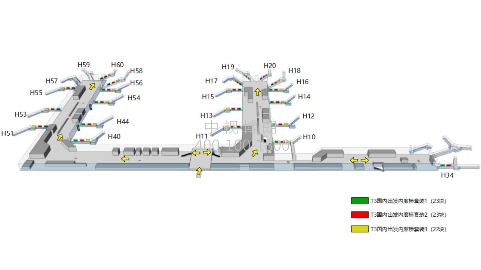 西安咸阳国际机场广告-T3国内出发内廊桥灯箱套装位置图