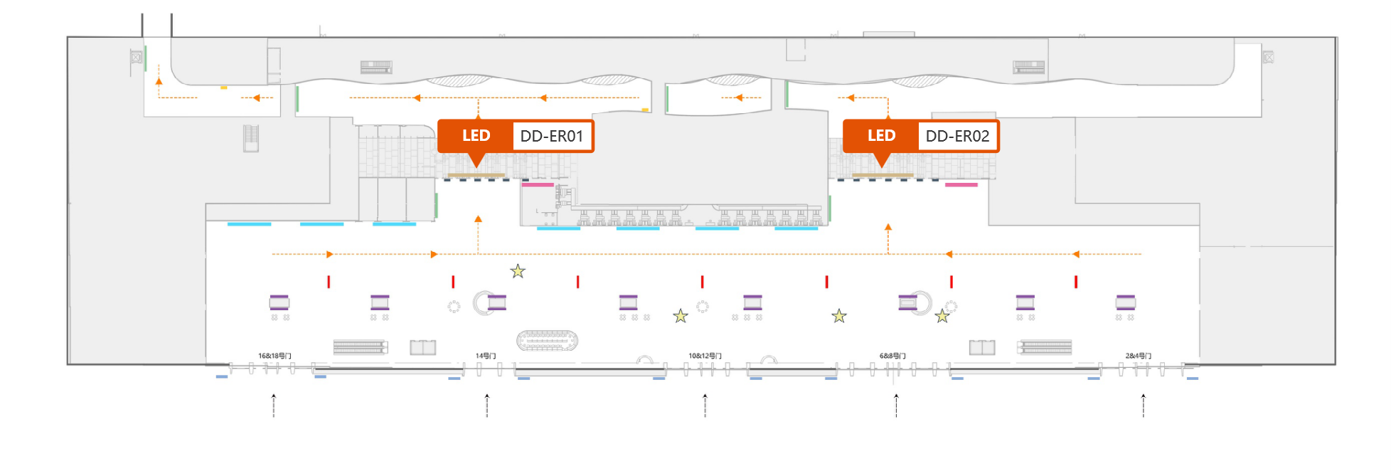 厦门高崎国际机场广告-T4出发安检口上方LED大屏套装位置图