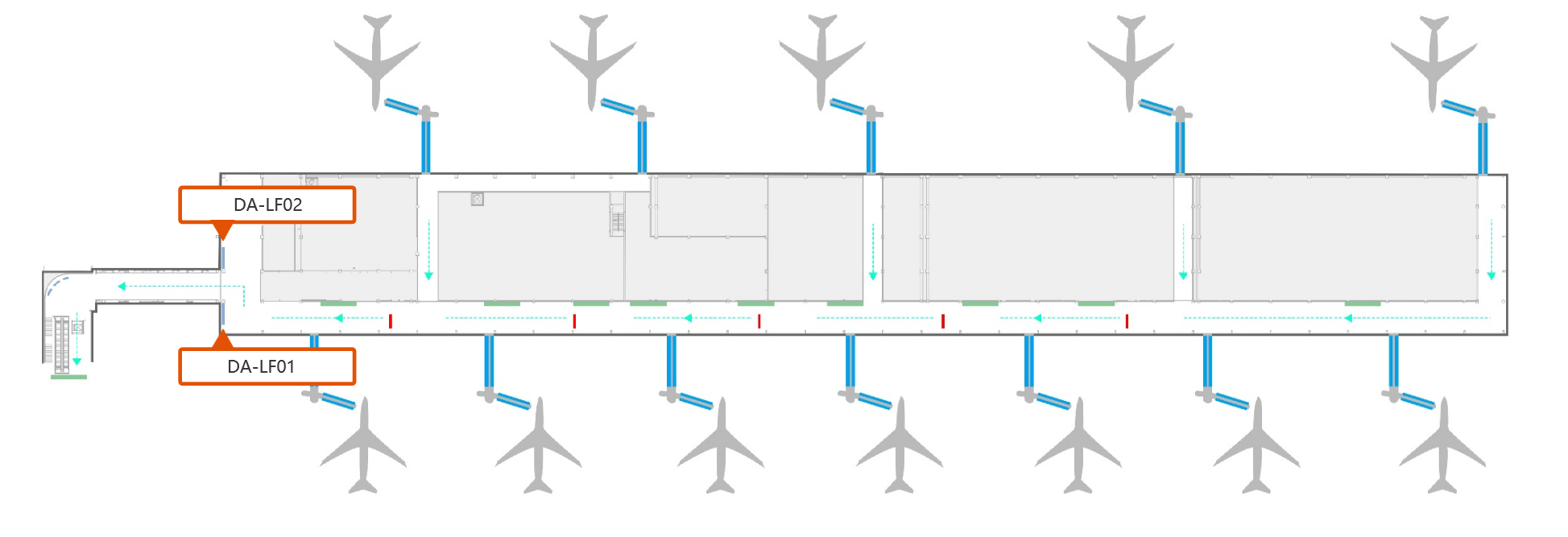 厦门机场广告-T4到达国内通廊灯箱点位图