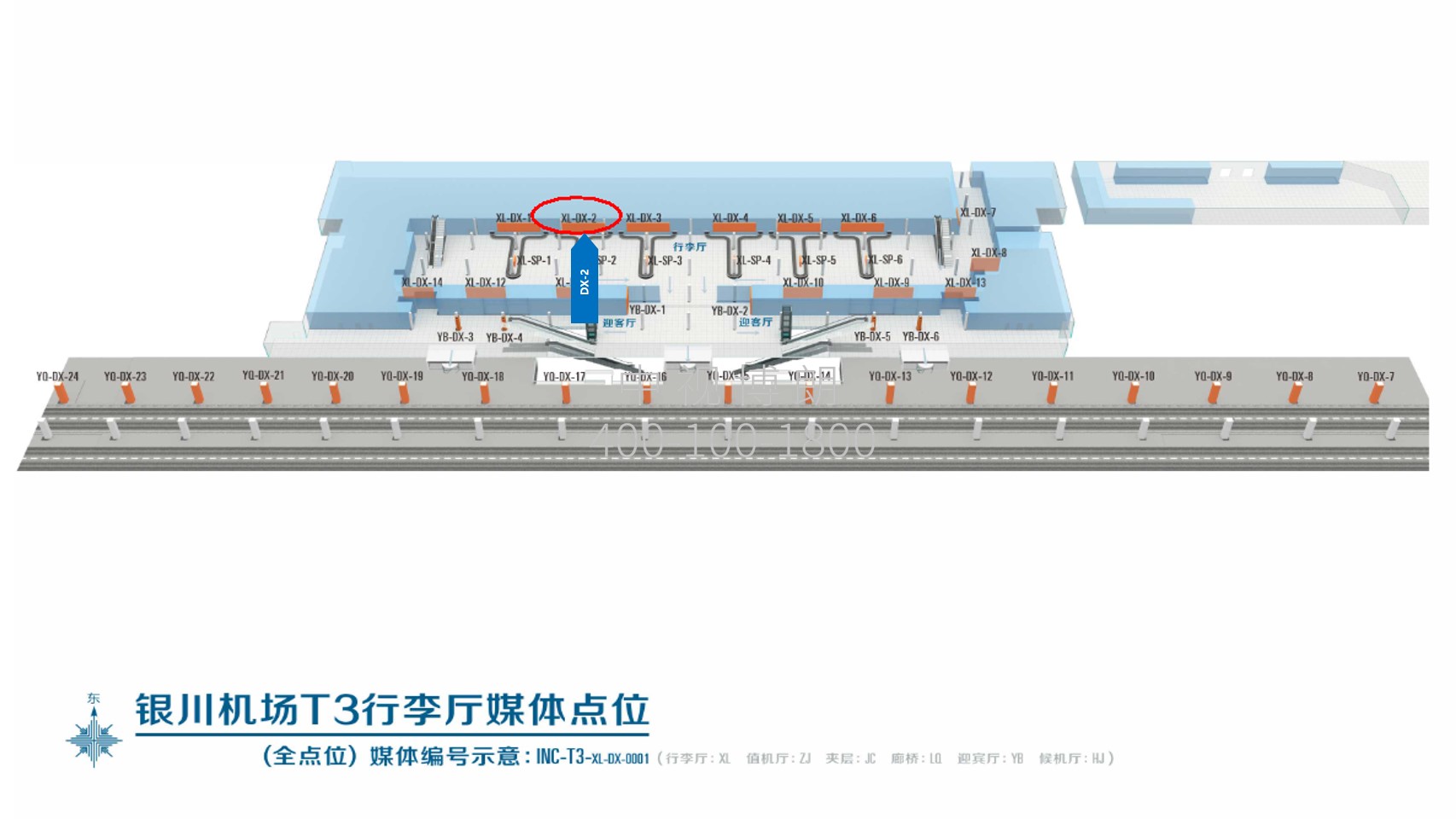 银川河东机场广告-T3到达行李厅墙面灯箱2位置图
