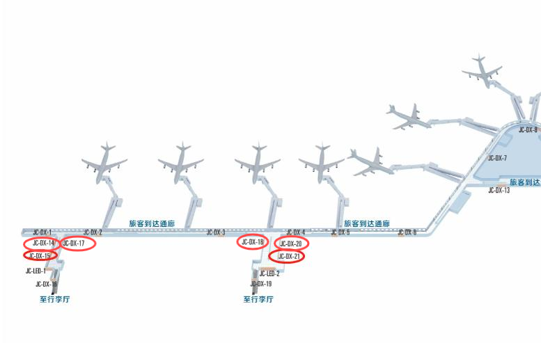 银川河东机场广告-T3到达通廊成对灯箱套装位置图