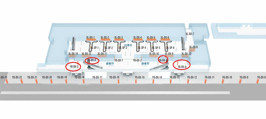 银川河东机场广告-T3到达迎宾厅包柱灯箱套装位置图