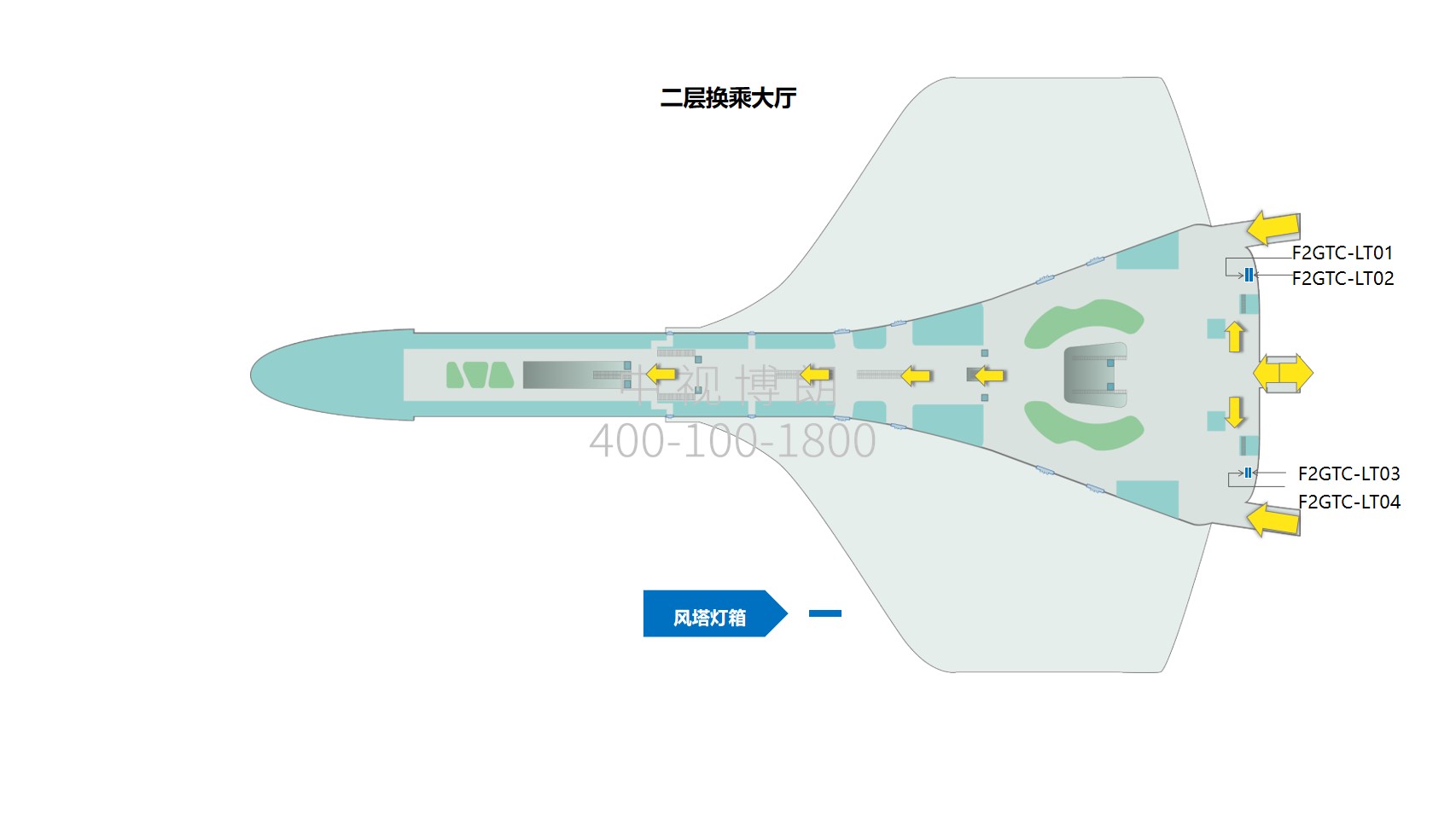 郑州机场广告-F2换乘大厅风塔灯箱套装点位图